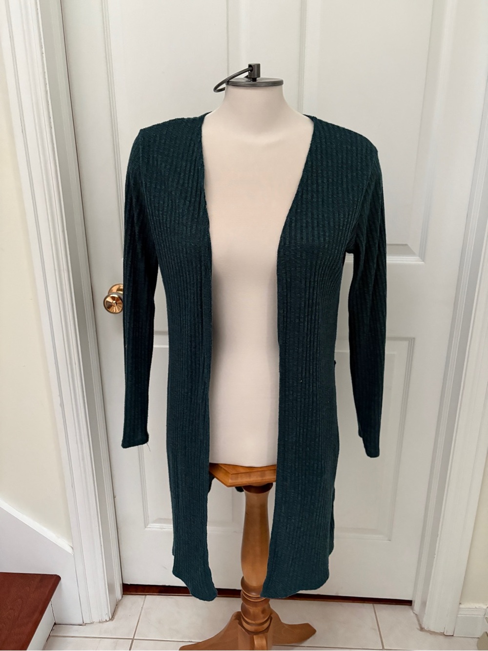 Olivia Rae Long Open-Front Ribbed Cardigan - Teal Green - Picture 2 of 8